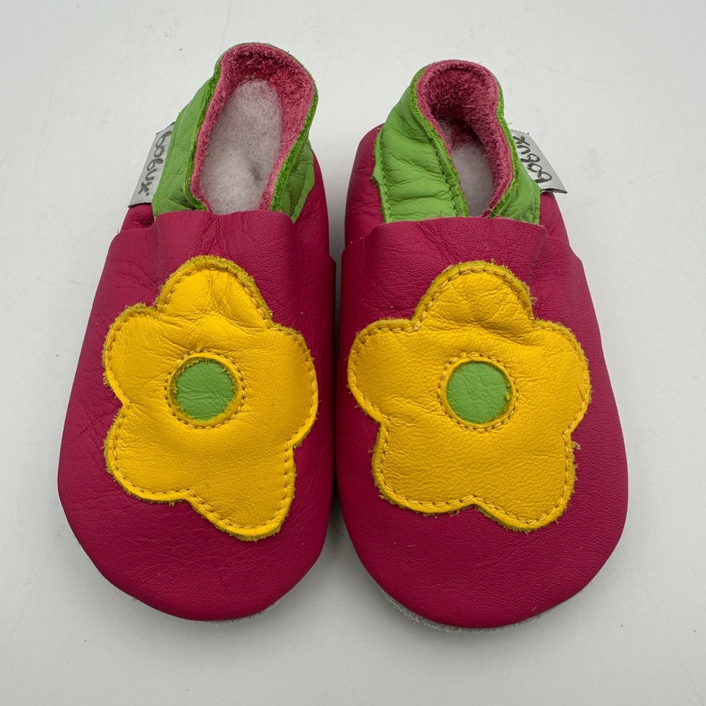 NEW Bobux Soft Sole Leather Baby Shoes Small Pink Yellow Flower Moccasins Infant